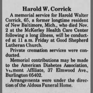 Harold W Corrick, Obituary
